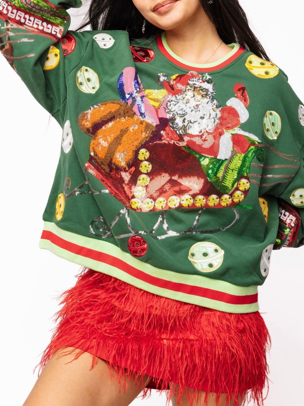 QUEEN OF SPARKLES Green Sequin Santa Crewneck Sweater